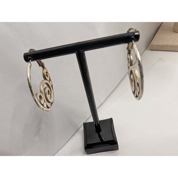 Brighton Silver Tone Hoop Earrings 1.5in Swirl Design Rhinestones READ - Picture 2 of 7